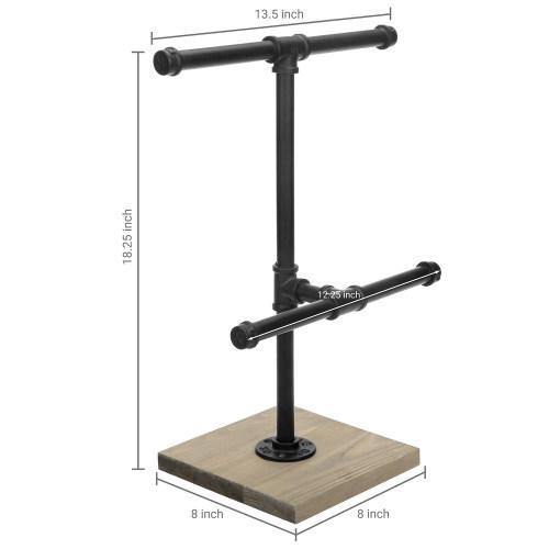 Black Metal Industrial Pipe T-Bar Jewelry Display Tower with Gray Wood Base - MyGift
