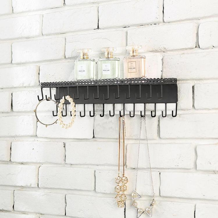 Black Metal Wall Mounted Jewelry Hanging Shelf with 26 Necklace Hooks - MyGift Enterprise LLC