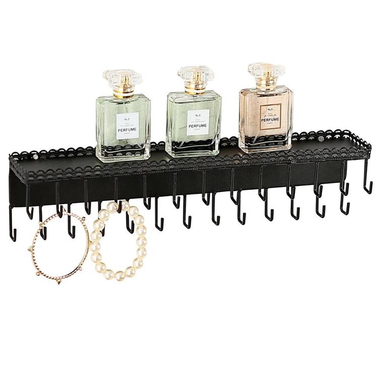 Black Metal Wall Mounted Jewelry Hanging Shelf with 26 Necklace Hooks - MyGift Enterprise LLC