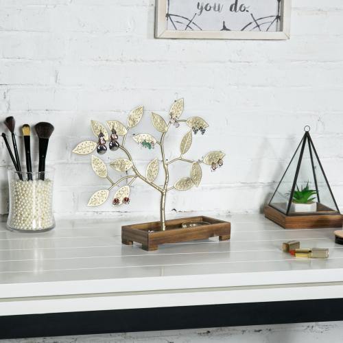 Brass-Tone Metal Jewelry Tree with Wood Ring Tray - MyGift