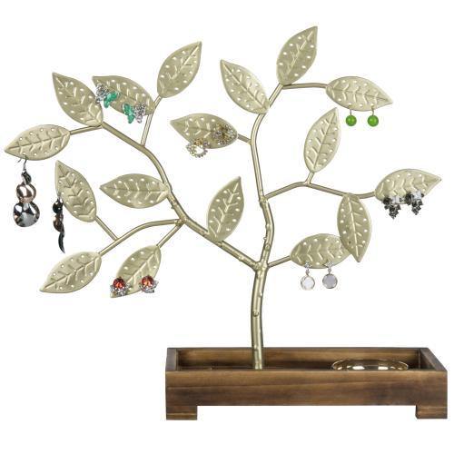 Brass-Tone Metal Jewelry Tree with Wood Ring Tray - MyGift