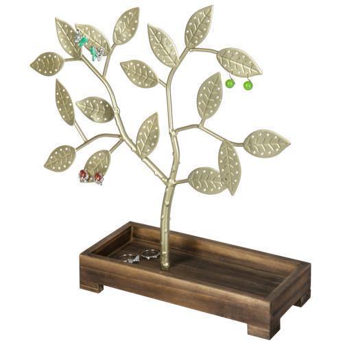 Brass-Tone Metal Jewelry Tree with Wood Ring Tray - MyGift