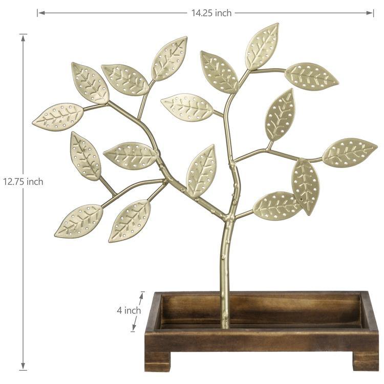 Brass-Tone Metal Jewelry Tree with Wood Ring Tray - MyGift