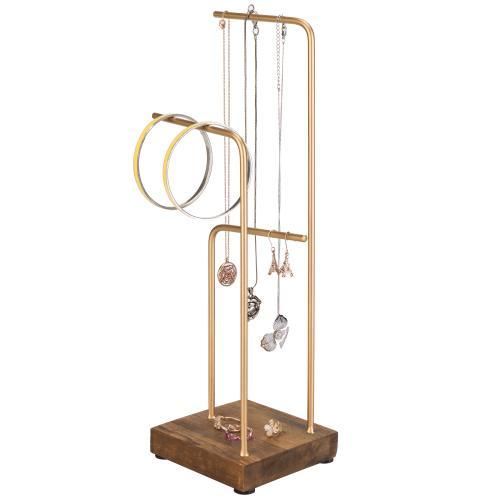 Brass Tone Metal & Rustic Wood Jewelry Display Stand