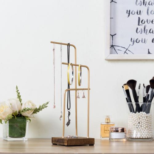 Brass Tone Metal & Rustic Wood Jewelry Display Stand