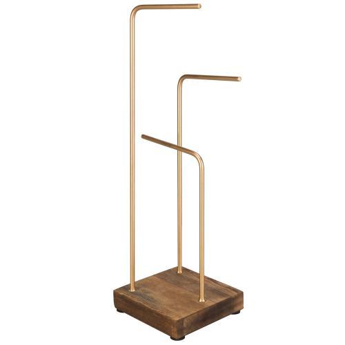 Brass Tone Metal & Rustic Wood Jewelry Display Stand