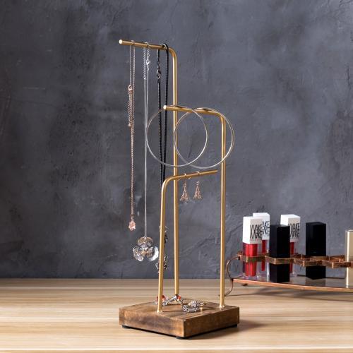 Brass Tone Metal & Rustic Wood Jewelry Display Stand