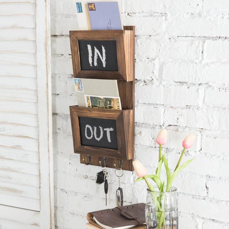 Wall-Mounted Wood Mail Sorter with Chalkboard Panels & Key Hooks - MyGift Enterprise LLC
