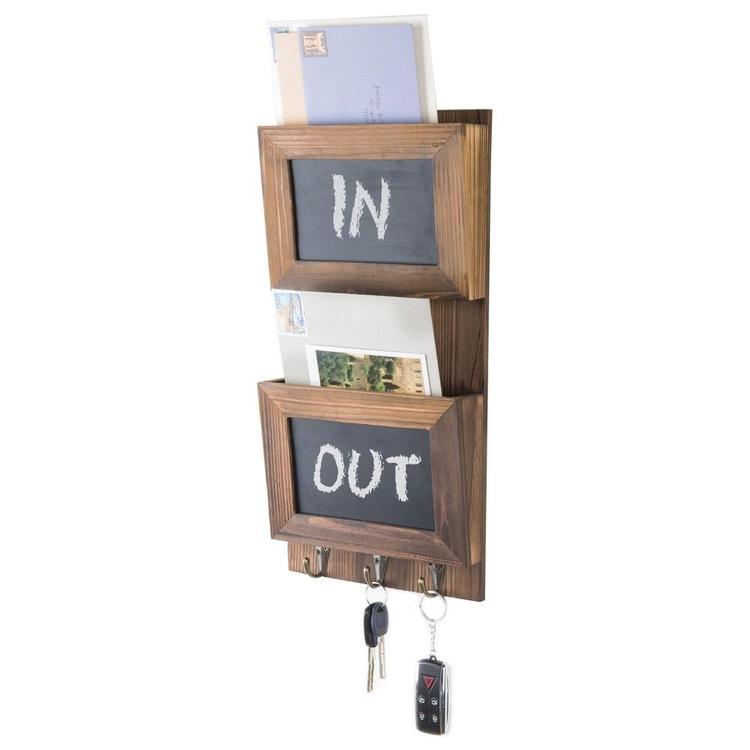Wall-Mounted Wood Mail Sorter with Chalkboard Panels & Key Hooks - MyGift Enterprise LLC