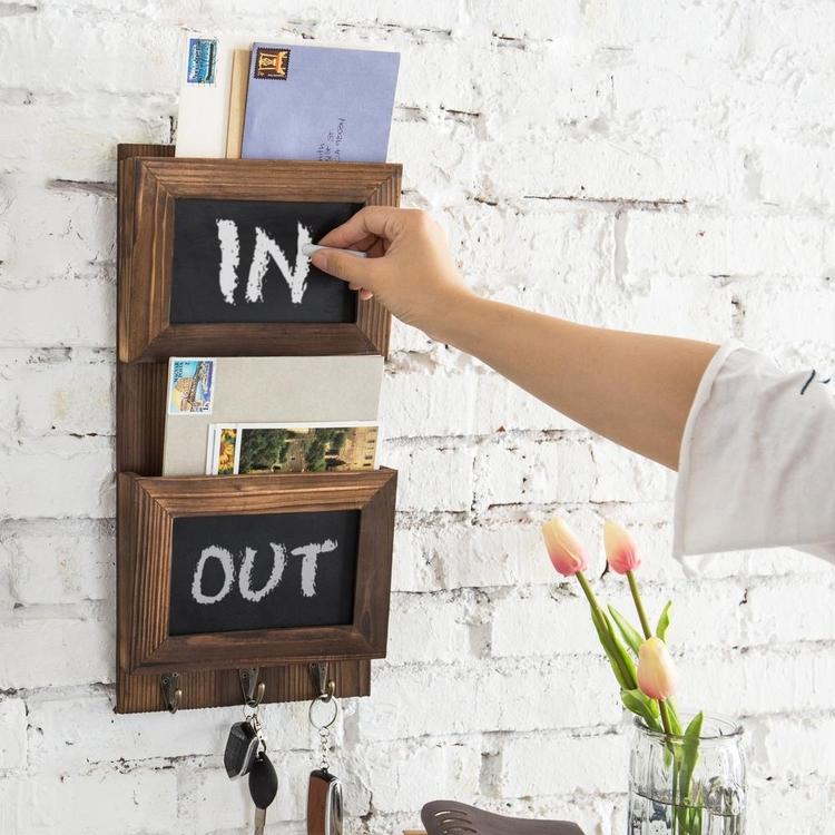 Wall-Mounted Wood Mail Sorter with Chalkboard Panels & Key Hooks - MyGift Enterprise LLC