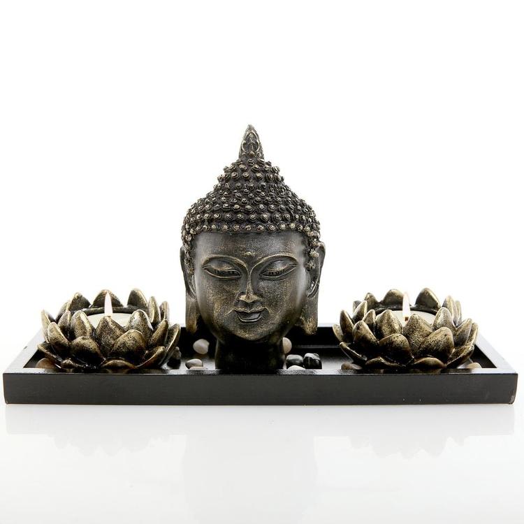 Buddha Head Sculpture Zen Garden Set w/ Lotus Candle Holders & Wooden Tray
