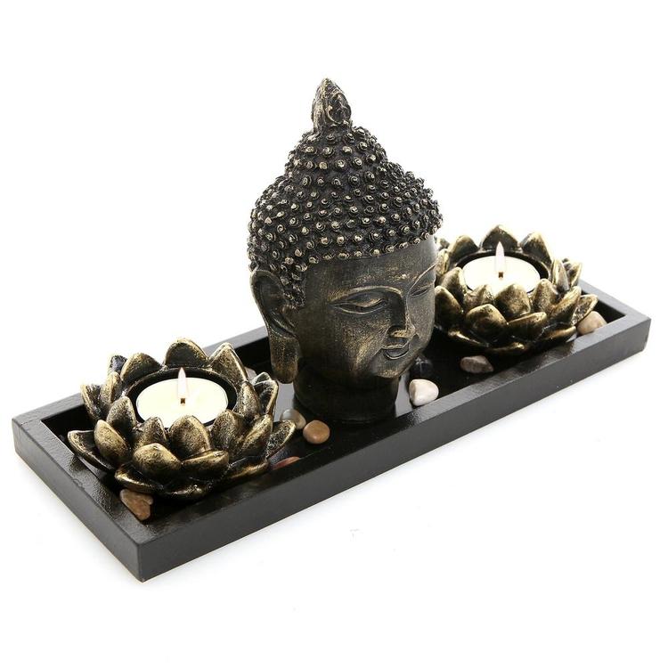 Buddha Head Sculpture Zen Garden Set w/ Lotus Candle Holders & Wooden Tray - MyGift Enterprise LLC