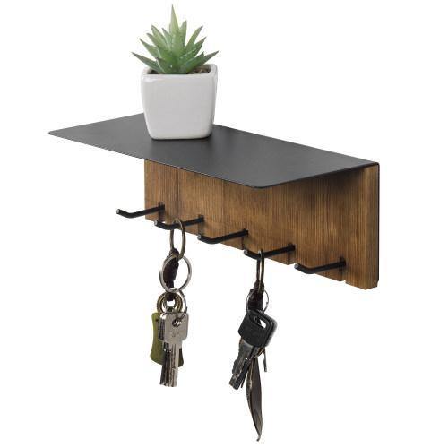 Burnt Solid Wood & Matte Black Entryway Shelf Rack with 5 Key Hooks - MyGift