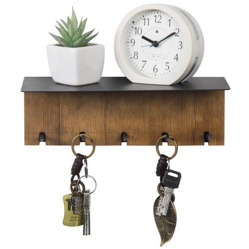Burnt Solid Wood & Matte Black Entryway Shelf Rack with 5 Key Hooks - MyGift