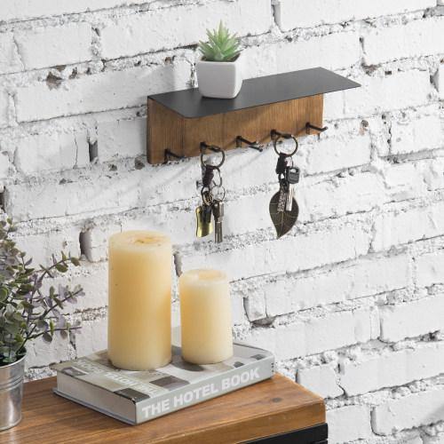 Burnt Solid Wood & Matte Black Entryway Shelf Rack with 5 Key Hooks - MyGift