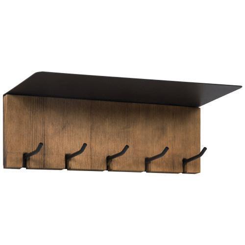 Burnt Solid Wood & Matte Black Entryway Shelf Rack with 5 Key Hooks - MyGift