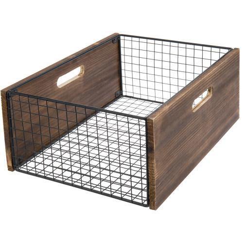 Burnt Wood & Black Metal Mesh Storage Basket - MyGift