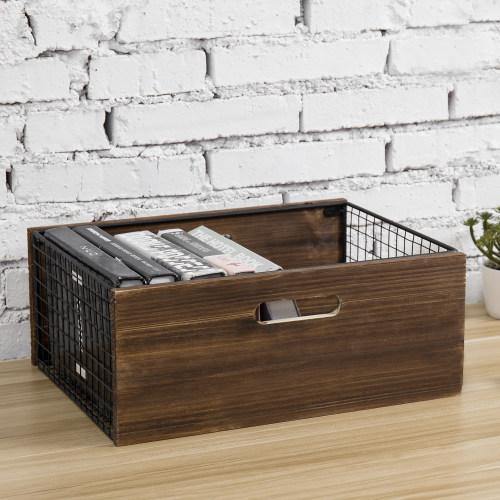 Burnt Wood & Black Metal Mesh Storage Basket - MyGift