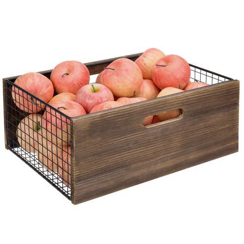 Burnt Wood & Black Metal Mesh Storage Basket - MyGift