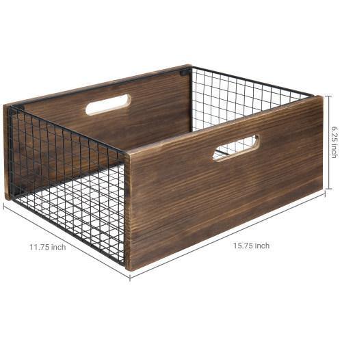 Burnt Wood & Black Metal Mesh Storage Basket - MyGift