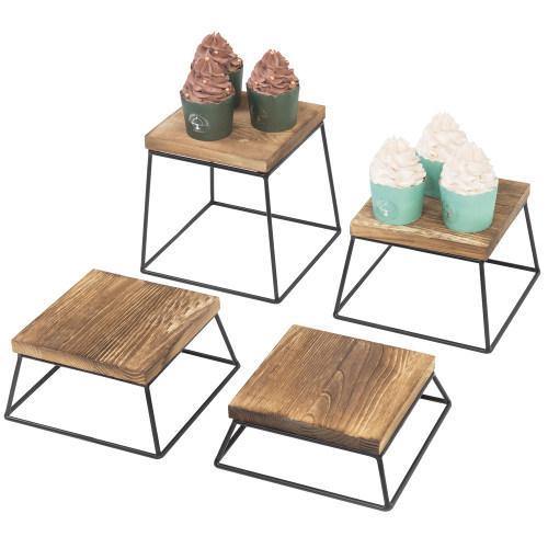 Burnt Wood & Black Metal Square Display Risers/Pizza Stands, Set of 4 - MyGift