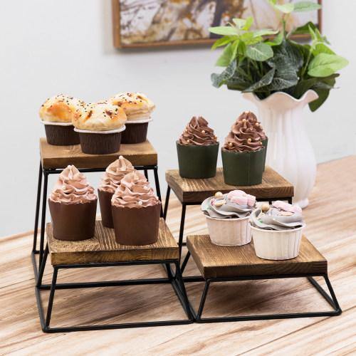 Burnt Wood & Black Metal Square Display Risers/Pizza Stands, Set of 4 - MyGift