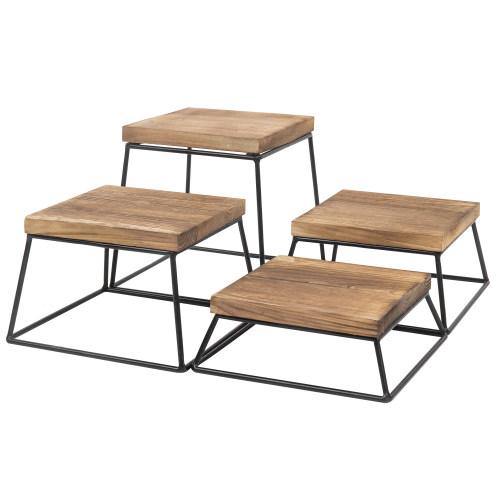 Burnt Wood & Black Metal Square Display Risers/Pizza Stands, Set of 4 - MyGift