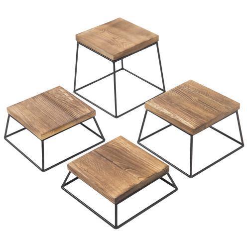 Burnt Wood & Black Metal Square Display Risers/Pizza Stands, Set of 4 - MyGift