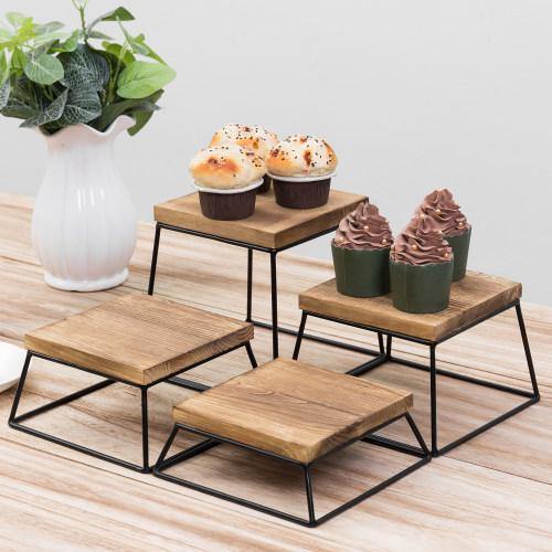 Burnt Wood & Black Metal Square Display Risers/Pizza Stands, Set of 4 - MyGift