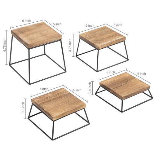 Burnt Wood & Black Metal Square Display Risers/Pizza Stands, Set of 4 - MyGift