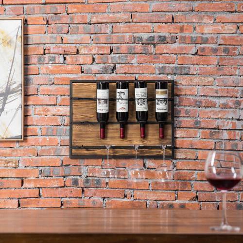 Burnt Wood & Black Metal Wine Rack with 4 Glass Hangers - MyGift