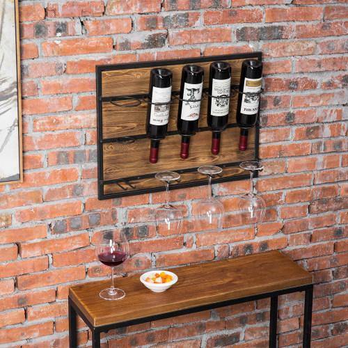 Burnt Wood & Black Metal Wine Rack with 4 Glass Hangers - MyGift