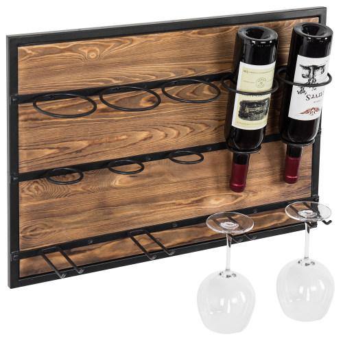 Burnt Wood & Black Metal Wine Rack with 4 Glass Hangers - MyGift