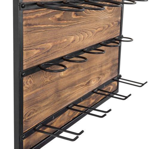 Burnt Wood & Black Metal Wine Rack with 4 Glass Hangers - MyGift