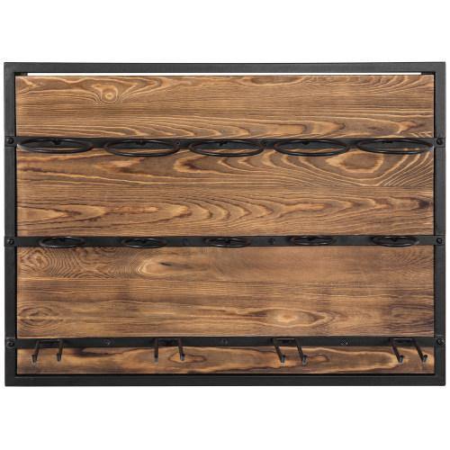 Burnt Wood & Black Metal Wine Rack with 4 Glass Hangers - MyGift