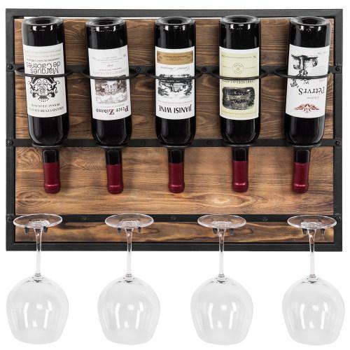 Burnt Wood & Black Metal Wine Rack with 4 Glass Hangers - MyGift