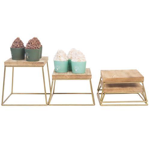Burnt Wood & Gold Metal Square Display Risers/Pizza Stands, Set of 4 ...