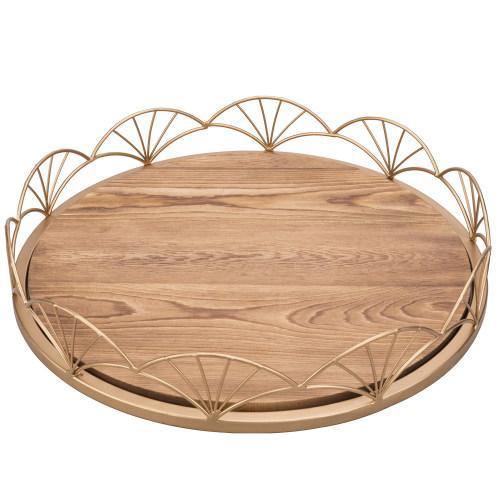Burnt Wood Serving Tray with Brass Tone Metal Design Rim - MyGift