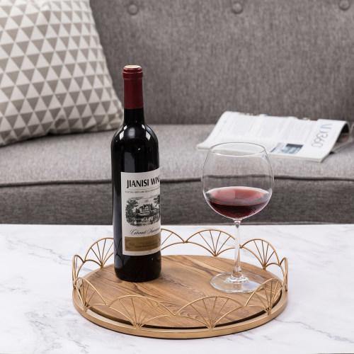 Burnt Wood Serving Tray with Brass Tone Metal Design Rim - MyGift