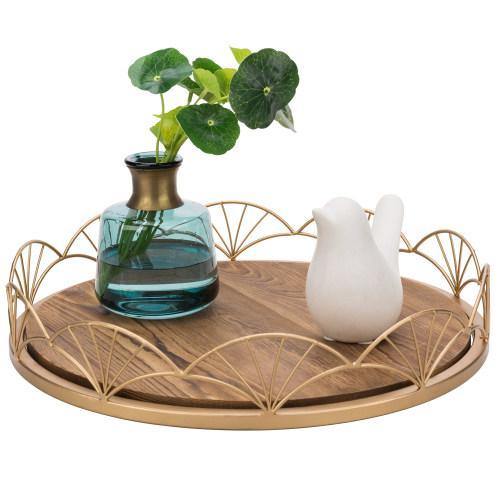 Burnt Wood Serving Tray with Brass Tone Metal Design Rim - MyGift