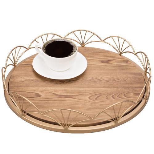 Burnt Wood Serving Tray with Brass Tone Metal Design Rim - MyGift