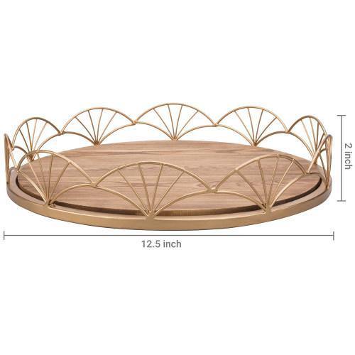 Burnt Wood Serving Tray with Brass Tone Metal Design Rim - MyGift