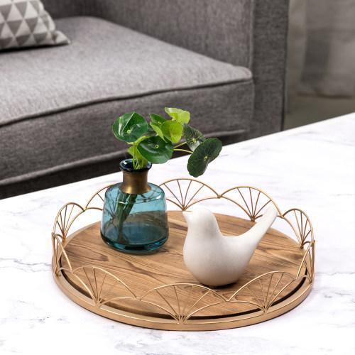 Burnt Wood Serving Tray with Brass Tone Metal Design Rim - MyGift