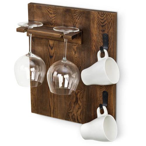 Burnt Wood Wall Mounted Wine Glass and Coffee Mug Rack - MyGift