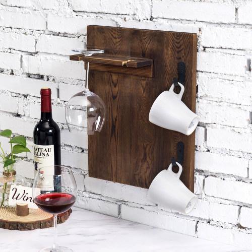 Burnt Wood Wall Mounted Wine Glass and Coffee Mug Rack - MyGift