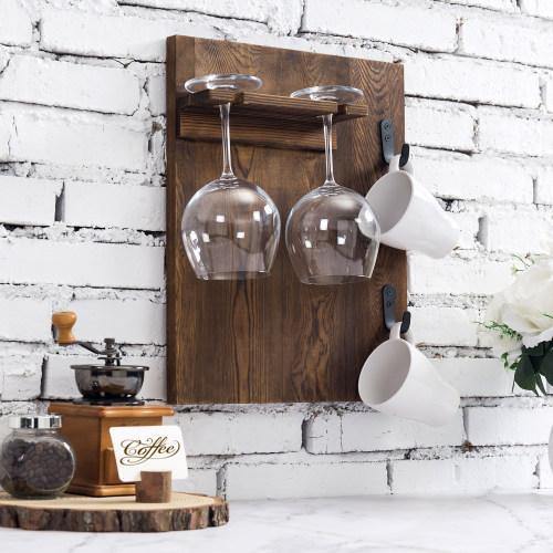Burnt Wood Wall Mounted Wine Glass and Coffee Mug Rack - MyGift