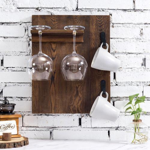 Burnt Wood Wall Mounted Wine Glass and Coffee Mug Rack - MyGift