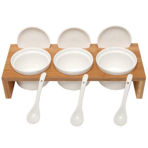 Condiment Set Rak Cermaics Ceramic Condiment Ramekins Set w/Lids & Spoons on Bamboo Tray – MyGift