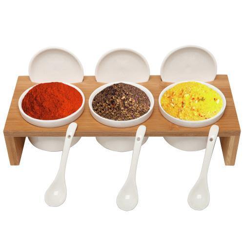 Condiment Set Rak Cermaics Ceramic Condiment Ramekins Set w/Lids & Spoons on Bamboo Tray – MyGift