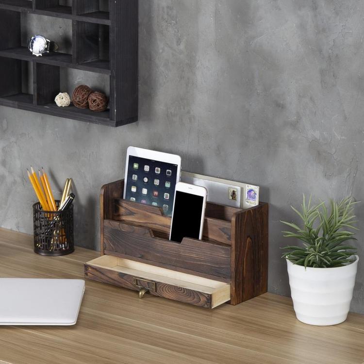 3-Tier Coffee Brown Wood Office Desk File Organizer Mail Sorter Tray Holder w/ Storage Drawer - MyGift Enterprise LLC